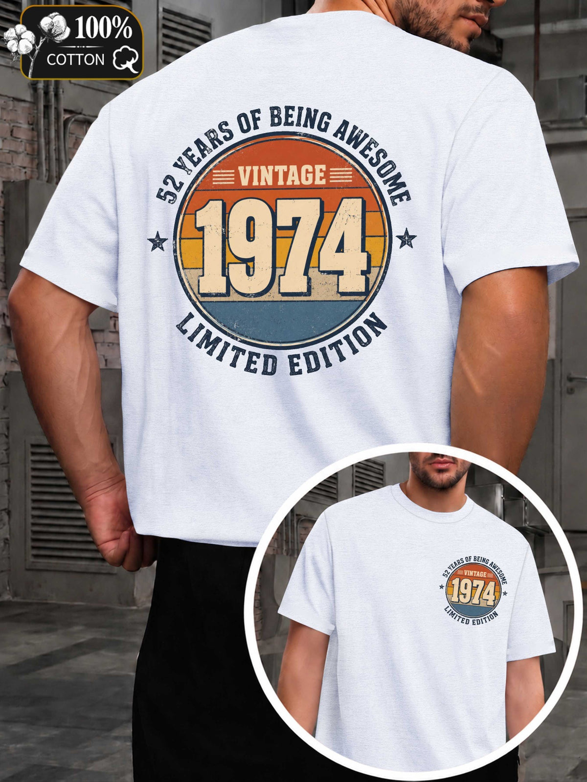 Men's Vintage 1974 Limited Edition T-Shirt - Retro 1974 Print Round Neck Casual Tee, Suitable for Year-Round Wear, Machine Washable Apparel with Original Markings, Nostalgic Gift for Everyday Use & Special Occasions