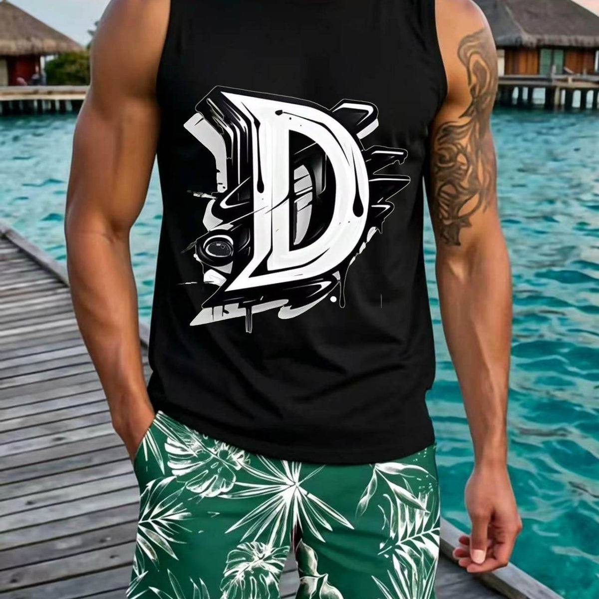 Gym Workout Fitness Casual Summer WearBold Graffiti Style Letter D with Dynamic Splash and Stroke Details Design01.Beach Vacation Summer Holiday Leisure