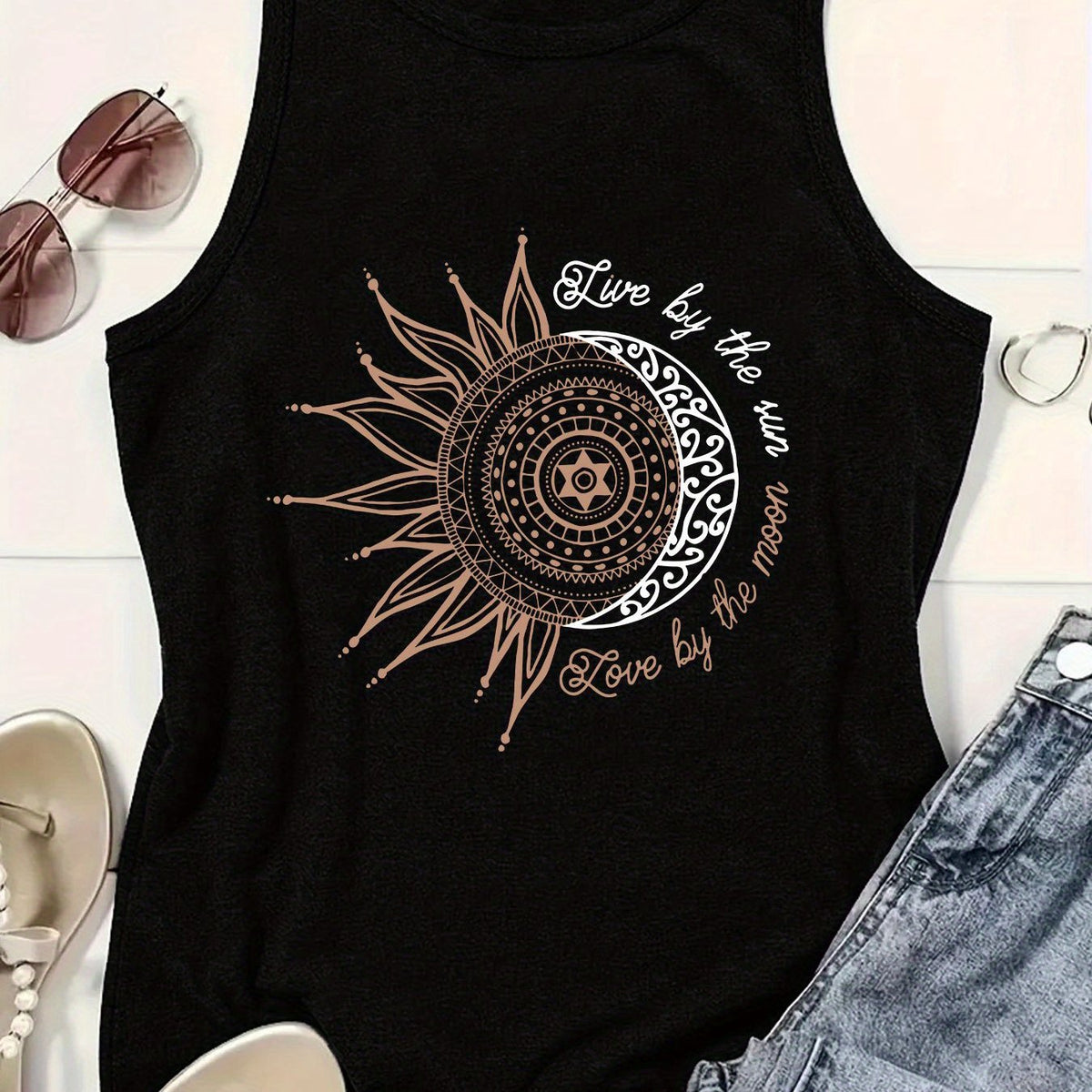 Women's  Cartoon Moon Print Hurdle Vest, Casual Crew Neck Sleeveless, Spring\u002Fsummer, Women's Fashion Vest