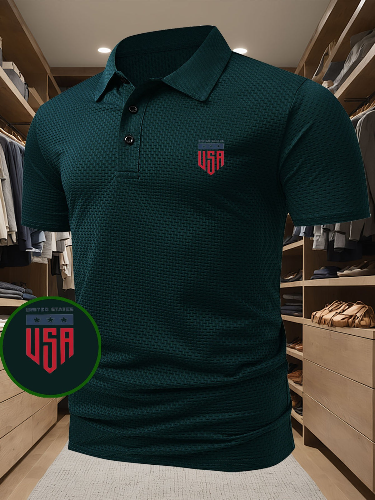 LIMITED STATES Letter Print Top, Men's Printed Polo Shirt, Short-Sleeve Lightweight Performance T-Shirt, Casual Sporty Style Stretchy Comfortable Golf Shirt, Versatile Men's Top