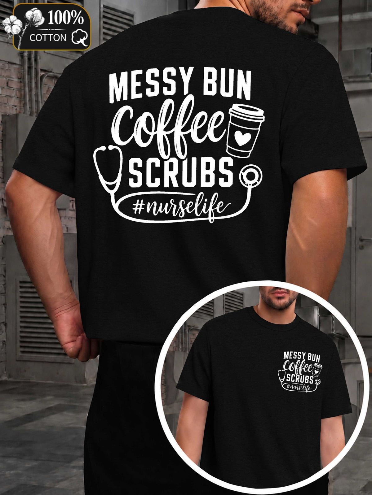 Coffee Scrubs Life Men's -Themed T-Shirts - Coffee Print & Suitable for - Wear, Round Neck Casual Regular Fit Tee with Subtle Markings, Machine Washable for Healthcare Professionals and Everyday Outfits