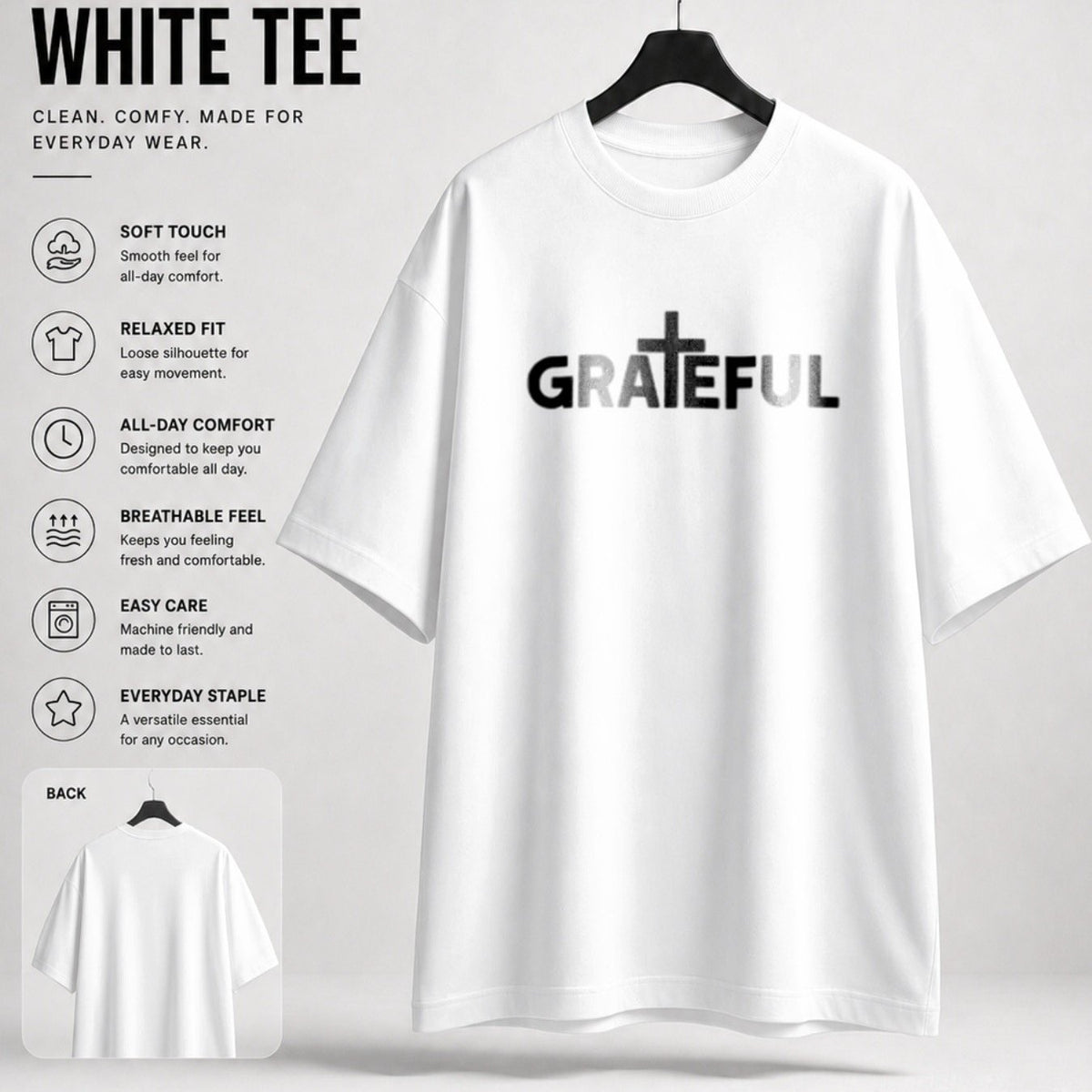 Casual Religious Style, Men's T-Shirt, Grateful Cross Text Design, Daily Wear Summer Season, Gift for Christian Men Believers PLUS SIZE, PLUS SIZE