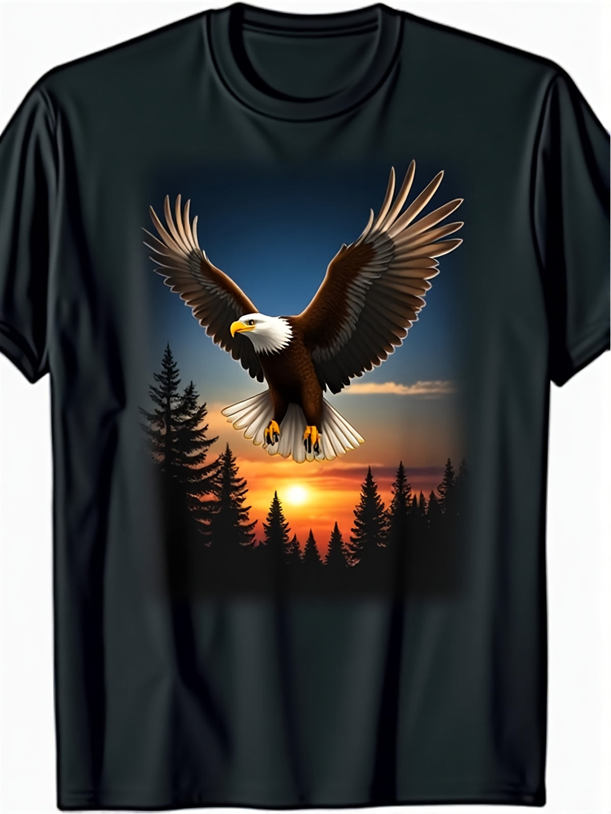 Men's Eagle Pattern TShirt Crew Neck Short Sleeve Stretch Fit Casual Wildlife Design Vivid Sunset Forest Scene Adult Regular Summer TShirt Eagle Decoration Plus SizeSummer T-shirt with Printed Design, Loose Fit, Suitable for Casual Activities.