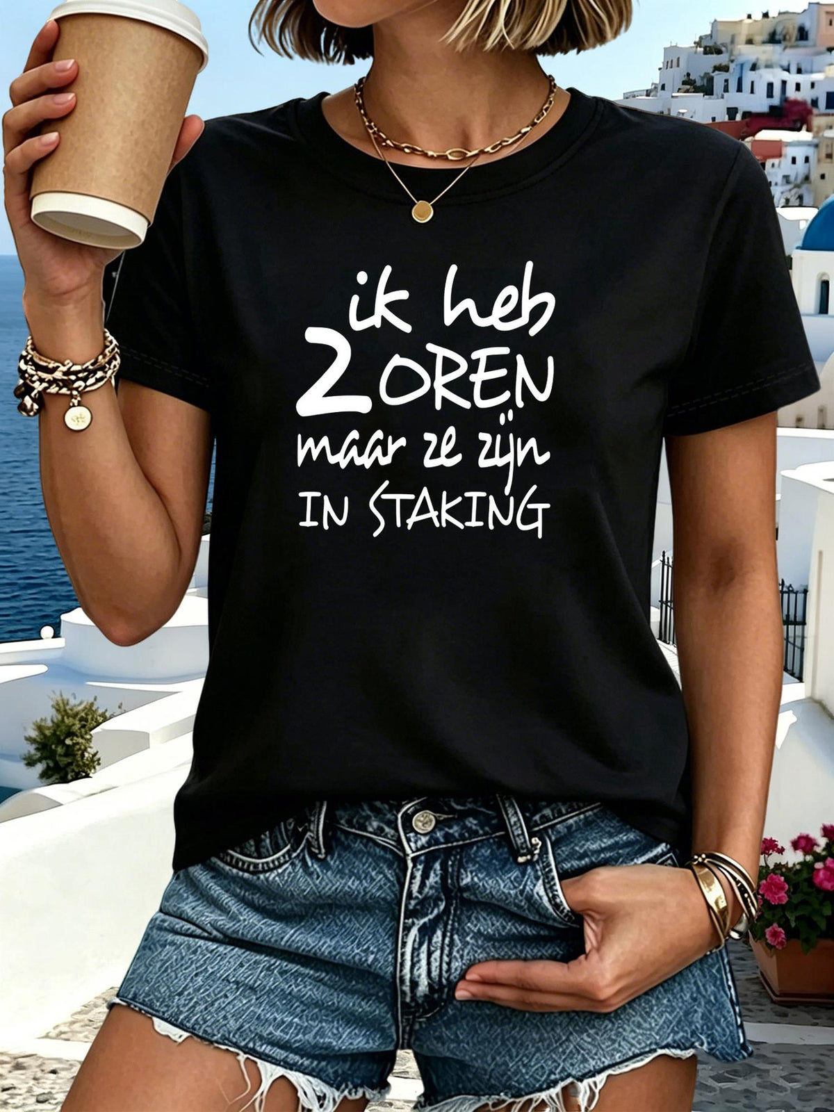 Women Dutch Quote Graphic T-Shirt, Ik Heb 2 Oren Maar Ze Zijn In Staking Funny Slogan Tee, Casual Crew Neck Short Sleeve Cotton Top