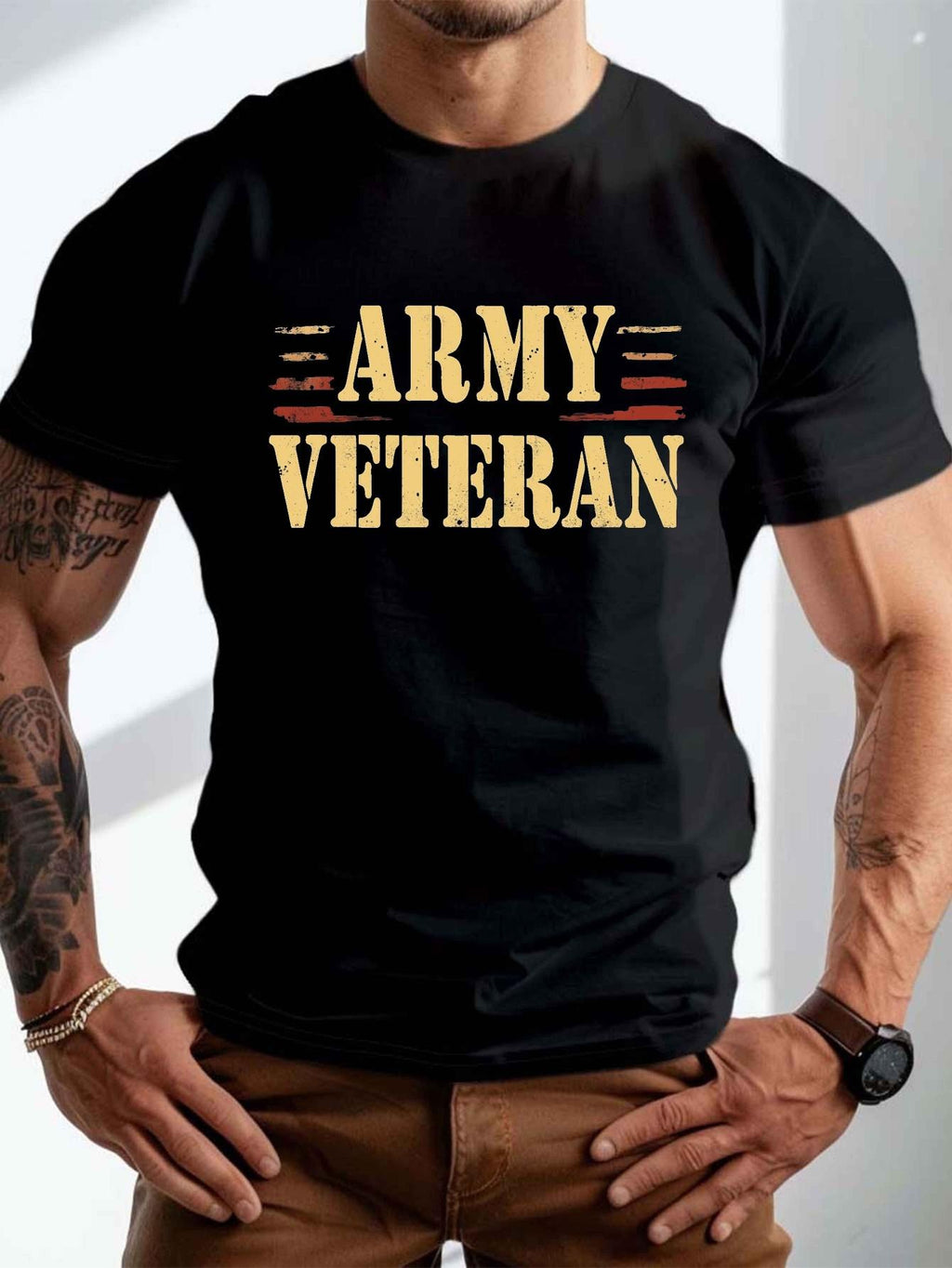 Men's & Women's Military Veteran T-Shirt - Black with Yellow-Orange Veteran Print, Micro-Stretch Fabric Suitable for Summer Wear, Casual Crew Neck Short Sleeve Tee, Unisex Apparel for Veterans Day Events & Everyday