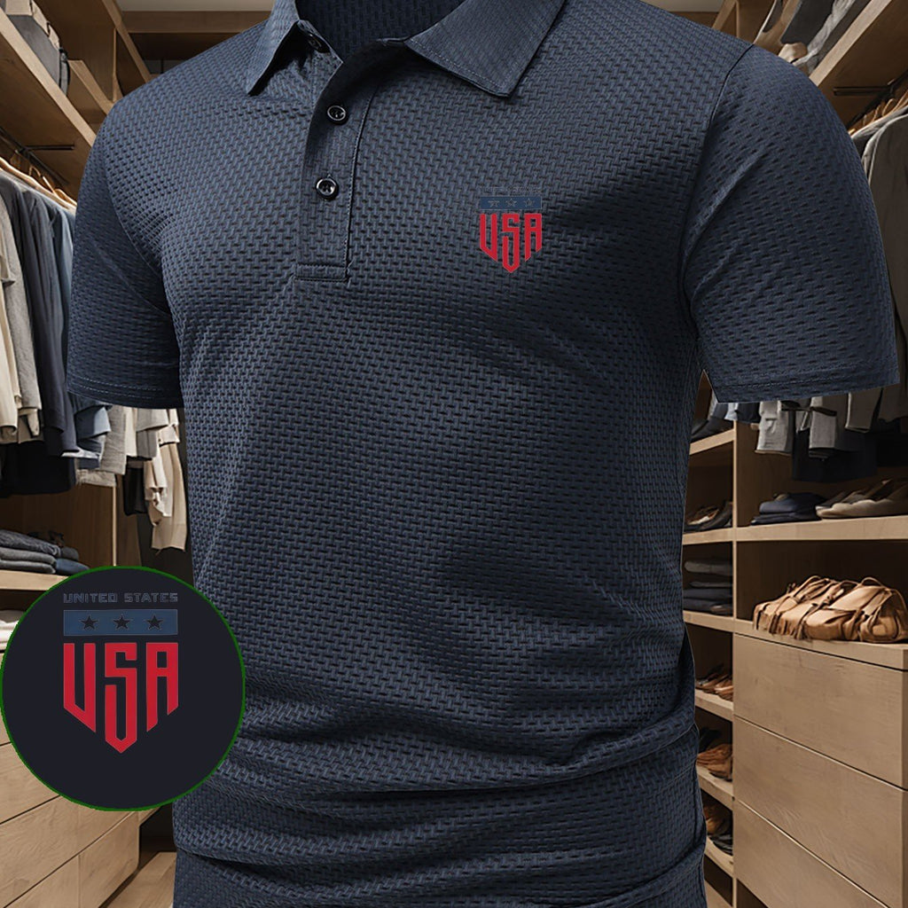 LIMITED STATES Letter Print Top, Men's Printed Polo Shirt, Short-Sleeve Lightweight Performance T-Shirt, Casual Sporty Style Stretchy Comfortable Golf Shirt, Versatile Men's Top