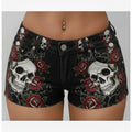 Plus Size, Women'S Skull And Rose Printed Denim Shorts for Summer Outings, Casual Wear, Lightweight And Durable Design, Perfect for Dates, Parties, Or Dining Out, Stylish Look for Women, Trendy Fashion Choice