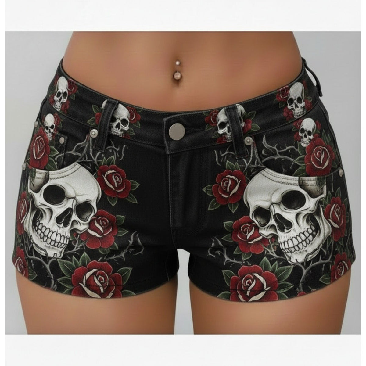 Plus Size, Women'S Skull And Rose Printed Denim Shorts for Summer Outings, Casual Wear, Lightweight And Durable Design, Perfect for Dates, Parties, Or Dining Out, Stylish Look for Women, Trendy Fashion Choice
