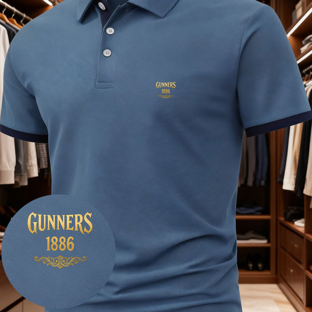 1pc Men'S Unique Creative GUNNERS 1886 English Letter Fashion Design Logo Pattern Print Short Sleeve Shirt, Suitable for All Seasons, Regular Fit Blending European And American Fashion, Showcasing Casual Simplicity