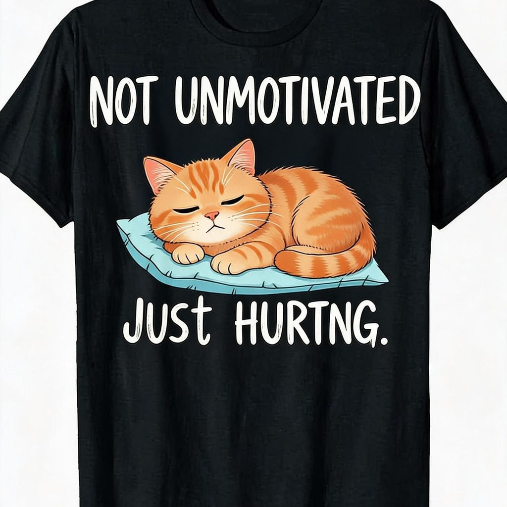 Black Casual Graphic T-Shirt Funny Cat Quote Not Unmotivated Just Hurting Sleepy Orange Cat Tee