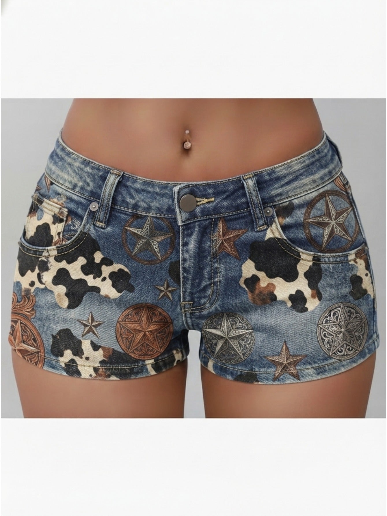 Womens Washed Denim Shorts with Cow Print and Star Patches, Cute Sexy Casual Summer Shorts for Beach, Cafe, or Outdoor Leisure, Lightweight Comfortable Fit