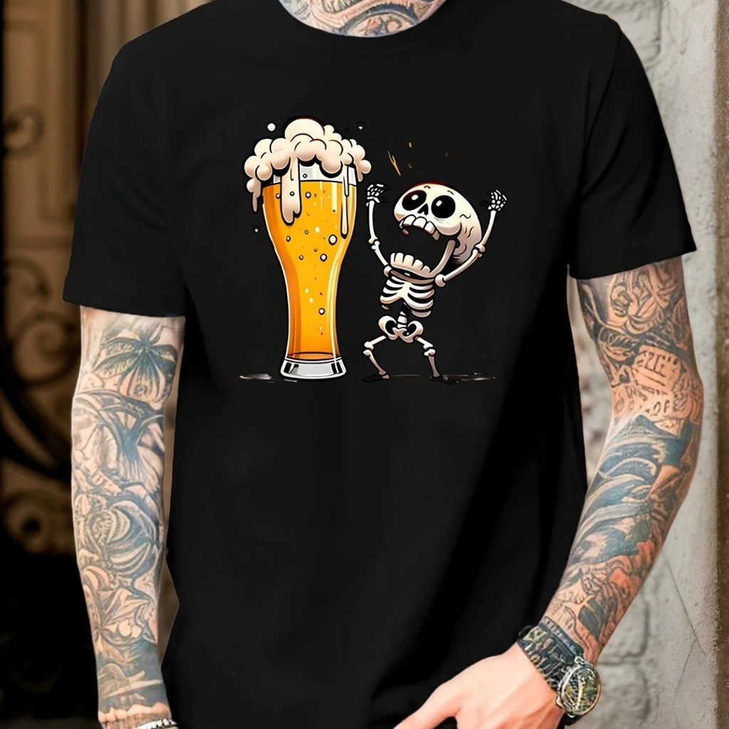 Men's Casual Graphic T-Shirt - Humorous Skeleton Beer Mug Print, Breathable Quick-Dry Fabric, Regular Fit Round Neck Tee for Summer Outdoor Activities & Social Gatherings, Easycare Clothing