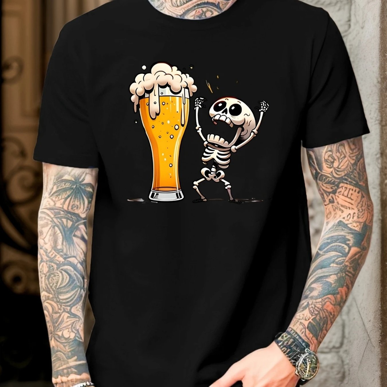 Men's Casual Graphic T-Shirt - Humorous Skeleton Beer Mug Print, Breathable Quick-Dry Fabric, Regular Fit Round Neck Tee for Summer Outdoor Activities & Social Gatherings, Easycare Clothing