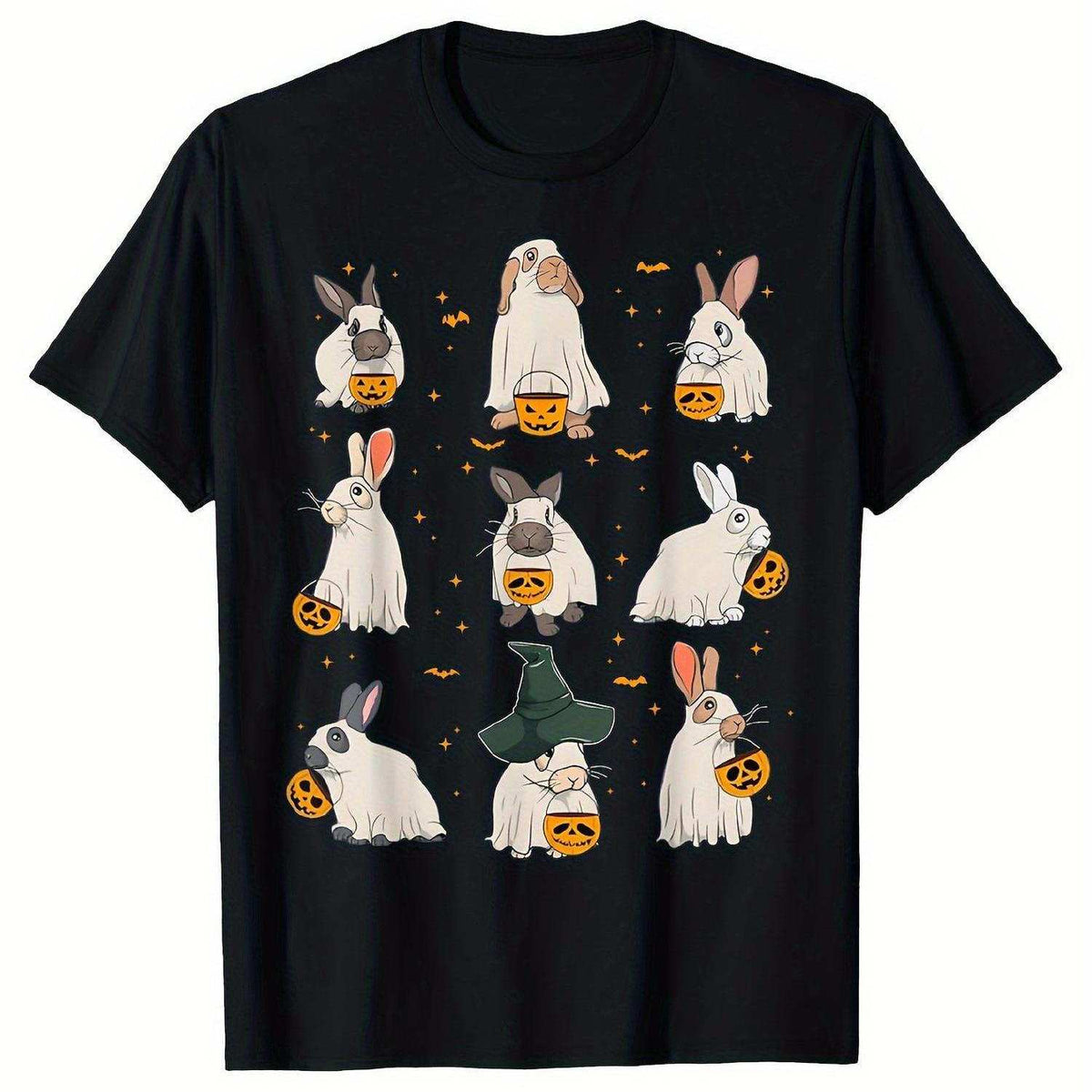 Stylish And Comfortable Graphic Tee Featuring a Soft Crew Neck And Short Sleeves, Perfect for Both Men And Women.This Adorable Halloween T-Shirt Showcases Nine Rabbits Alongside Jack O'Lanterns And Bats,