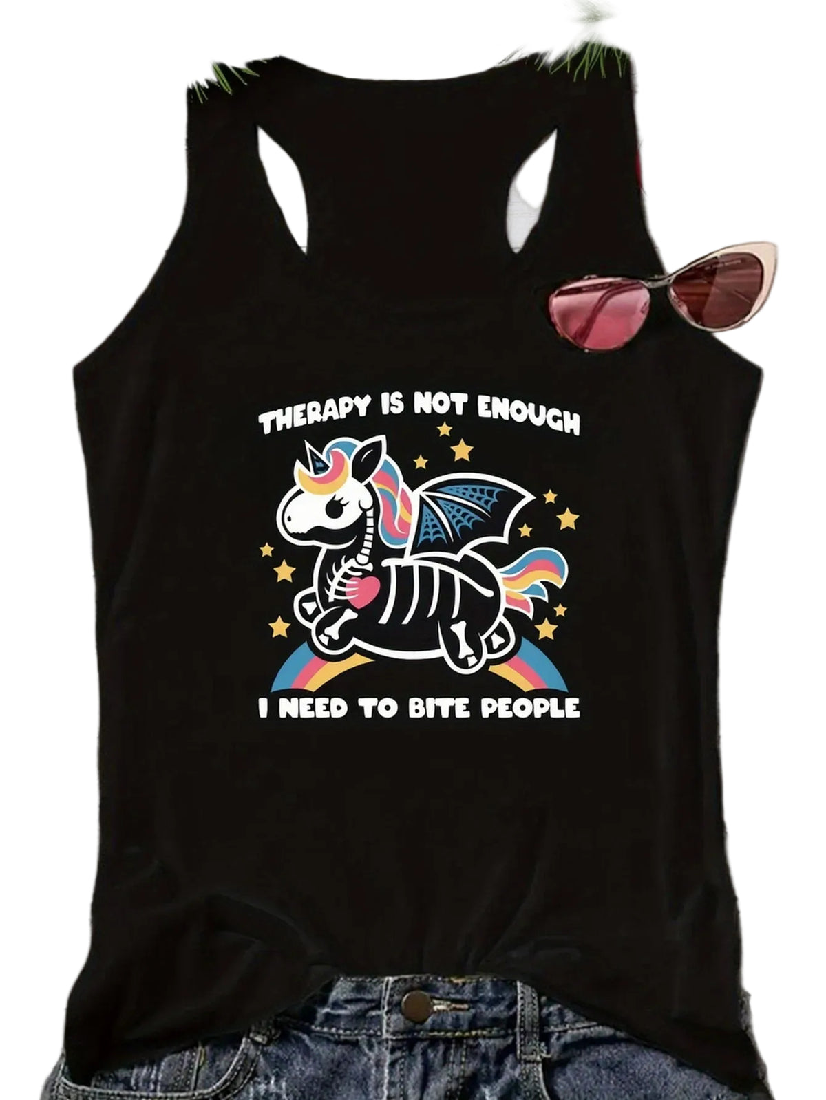 Women Funny Skeleton Unicorn Racerback Tank Top, Therapy Is Not Enough I Need To Bite People Graphic Tank, Sleeveless Cotton Casual Vest