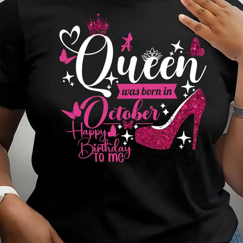 1pc October Queen Graphic Tee, Women'S Crew Neck T-Shirt with Alphabet Pattern, Casual Short Sleeve Top for All Seasons, Printed, Spring & Summer