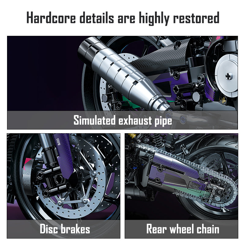 2062 pieces of super cool 1:5 mechanical motorcycle building blocks, full of cyberpunk style, exquisite details, full of mechanical texture, immersive experience of assembly fun, creating a cool desktop scenery.