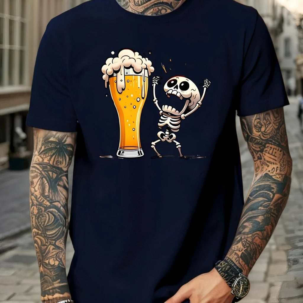 Men's Casual Graphic T-Shirt - Humorous Skeleton Beer Mug Print, Breathable Quick-Dry Fabric, Regular Fit Round Neck Tee for Summer Outdoor Activities & Social Gatherings, Easycare Clothing