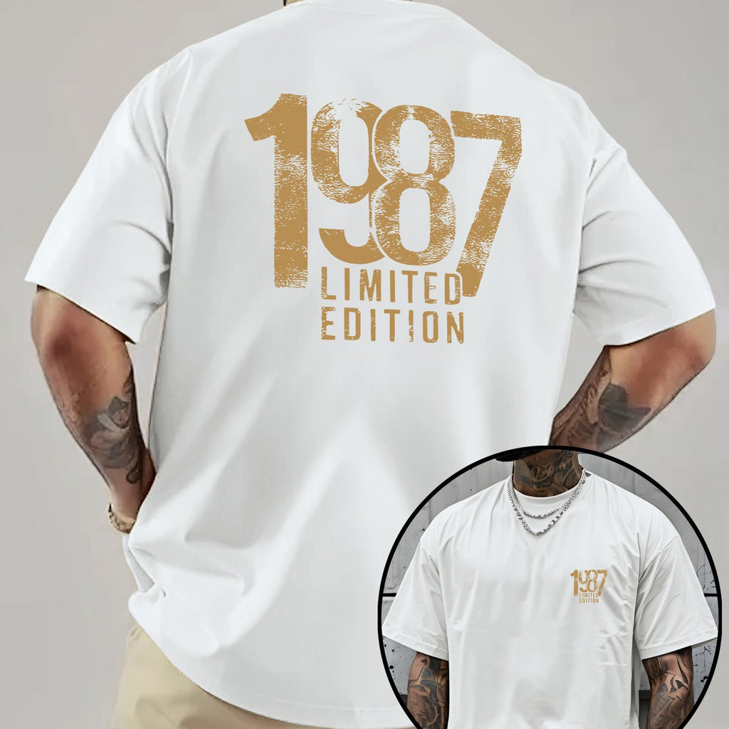 Men'S Trendy Round Neck T-Shirt, Casual Daily Short Sleeve Tee, 1987 Number And Letter Print T-Shirt, As a Gift