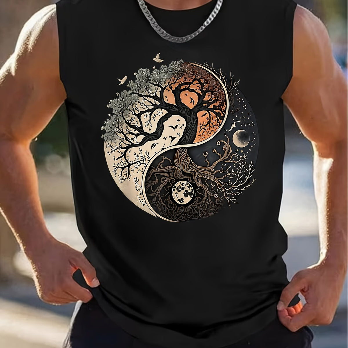 A Circular Acrylic Pendant Ornament Featuring a 2D Flat Yin Yang Tree of Life Design with Birds And Moons, Ideal for Home Decoration And Garden Art. This Christmas Gift Is Perfect for Nature Enthusiasts And Is Designed for an Athletic Physique