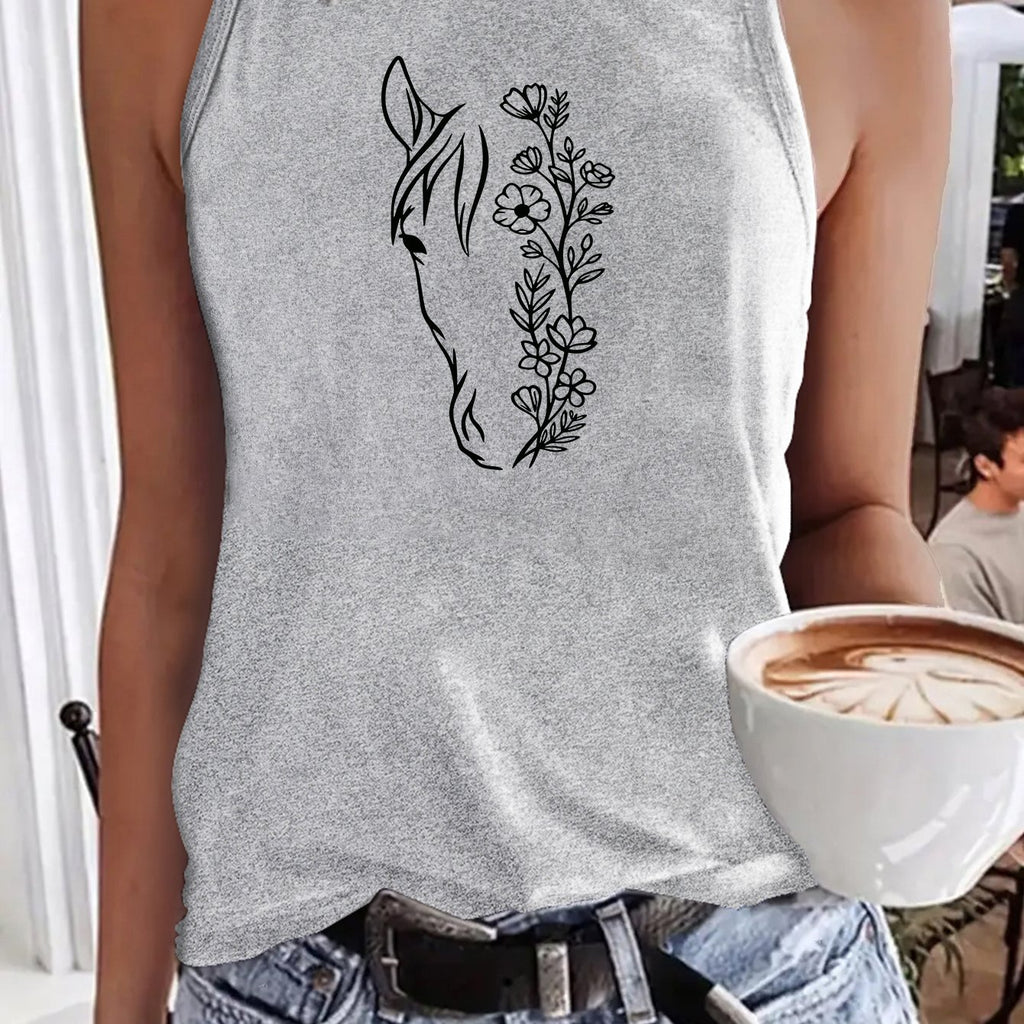 Women's Horse Head Line Art Print Sleeveless Tank Top - Minimalist Cowboy Cactus Sunflower Vest, Round Neck Summer Blouse Top, Machine Washable Casual Streetwear Suitable for Horse Riding & Casual Attire