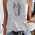 Women's Horse Head Line Art Print Sleeveless Tank Top - Minimalist Cowboy Cactus Sunflower Vest, Round Neck Summer Blouse Top, Machine Washable Casual Streetwear Suitable for Horse Riding & Casual Attire