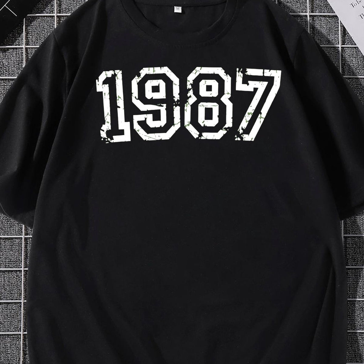 Vintage 1987 Print Short Sleeve T-Shirt for Men, Summer Casual Loose Fit Breathable Top with Retro Text Design, Trendy Streetwear for Daily Wear