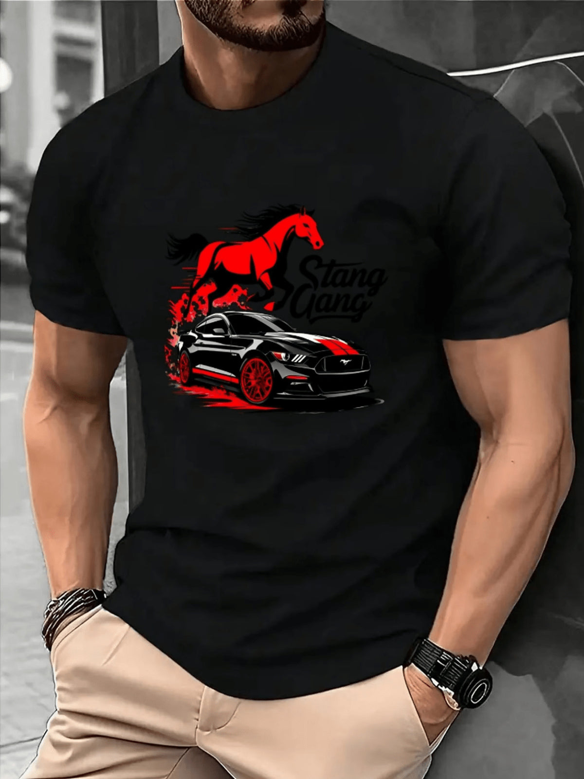 Men's Vintage Hip-Hop T-Shirt - Soft Breathable Crew Neck Short Sleeve Shirt with Retro Car & Horse Themed Graphics, Suitable for Summer Parties, Casual Wear, Machine Washable Regular Fit Male Fashion