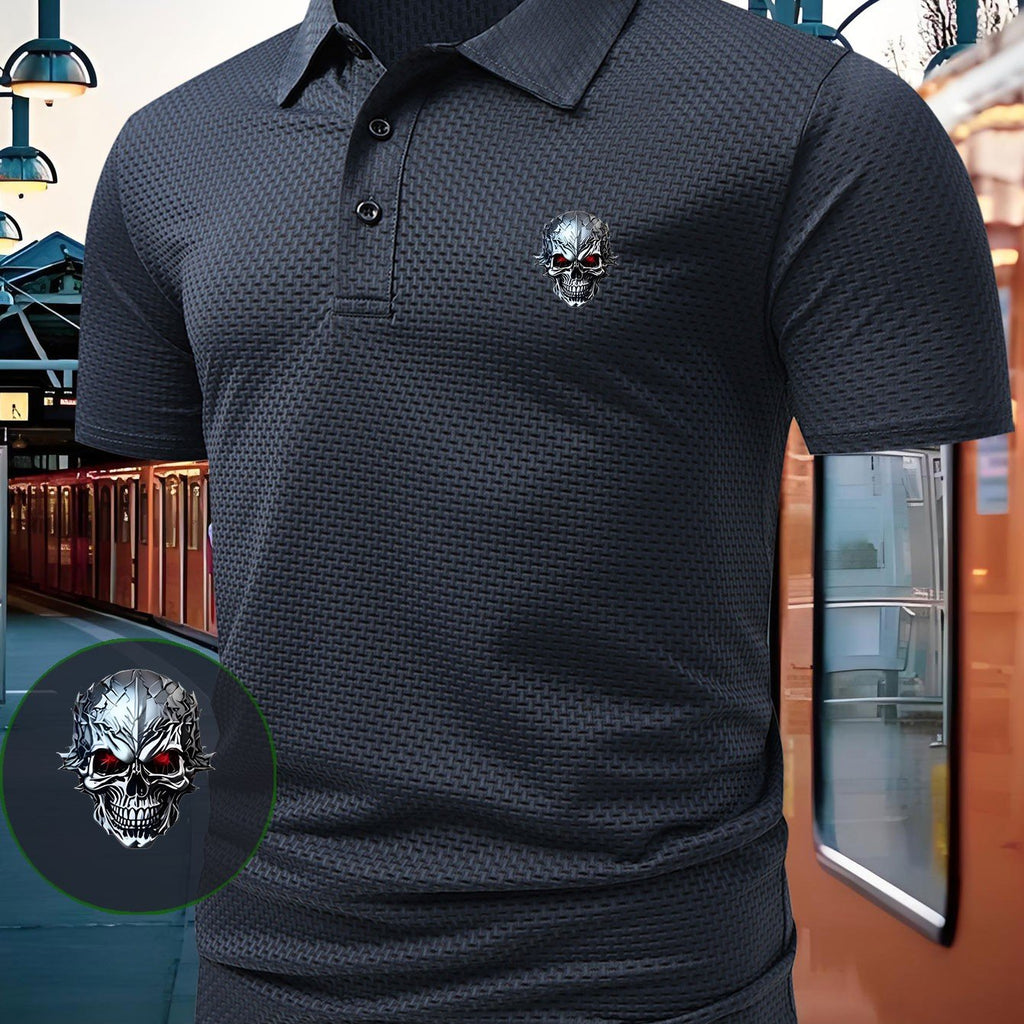 1pc Skull Pattern Print Polo Shirt, Short Sleeve Lightweight Performance Style T-Shirt, Casual Athletic Stretch Comfortable Shirt