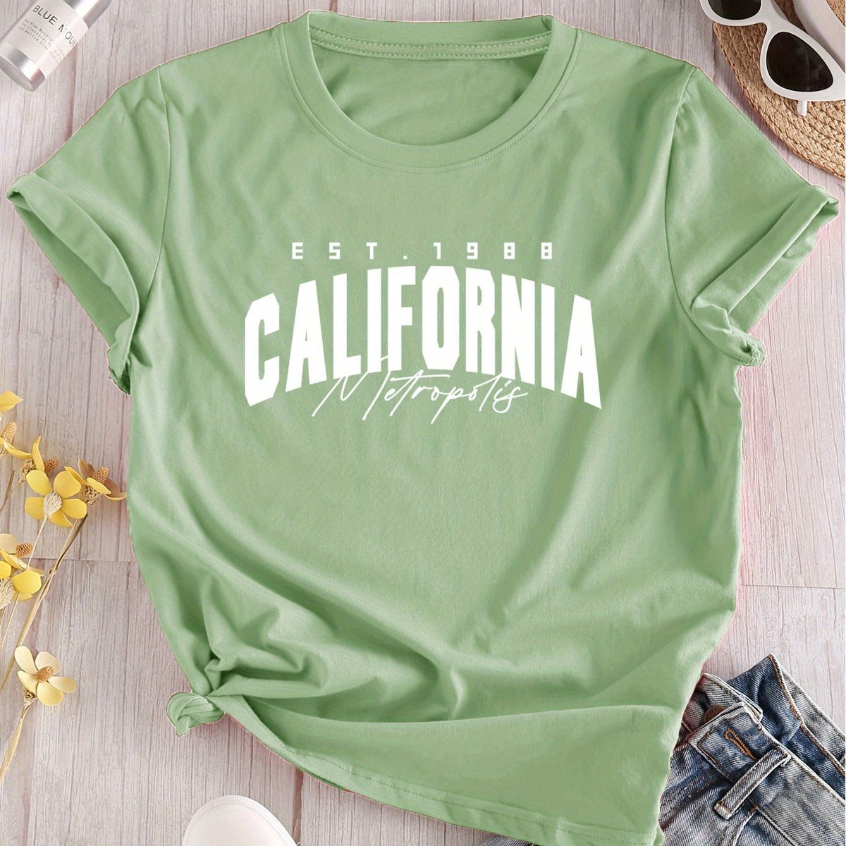 California 1988 Women's Vintage Graphic T-Shirt - Maroon Short Sleeve Round Neck Casual Top with EST.1988 California Print, Slightly Elastic Comfort Fit for Spring Summer Fall, Spring Summer Apparel, Soft Fabric Tee