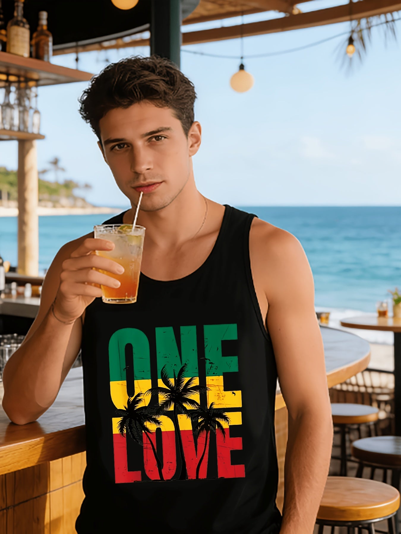 A Men'S Sleeveless Beach Print Round Neck Top, Suitable for Casual Vacations And Sports Workouts, Machine Washable