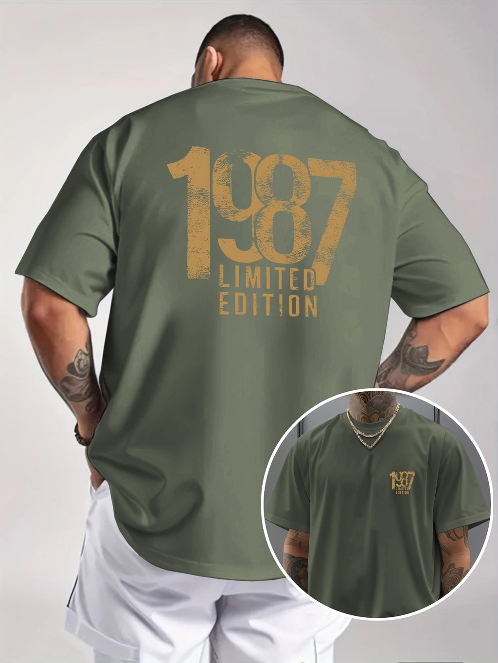 Men'S Trendy Round Neck T-Shirt, Casual Daily Short Sleeve Tee, 1987 Number And Letter Print T-Shirt, As a Gift