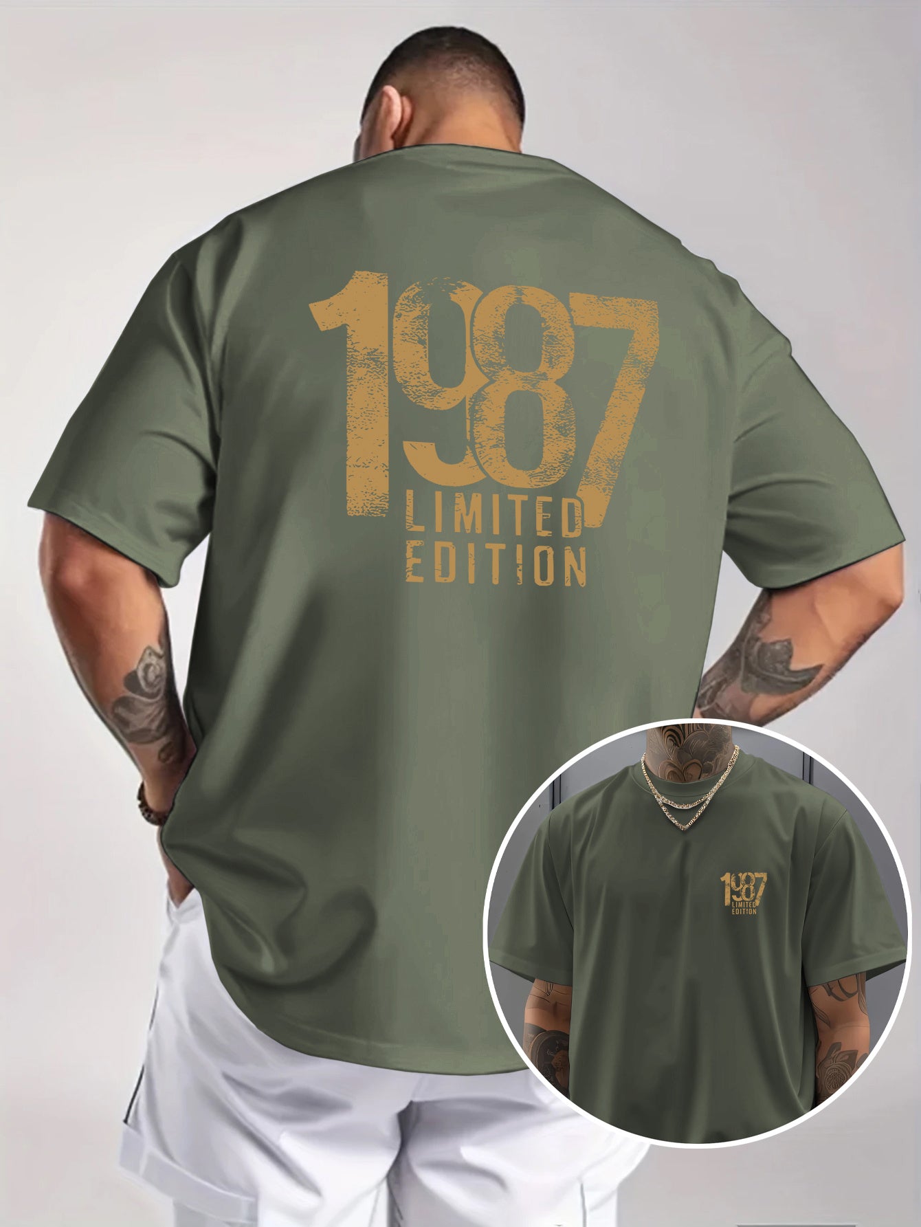 Men'S Trendy Round Neck T-Shirt, Casual Daily Short Sleeve Tee, 1987 Number And Letter Print T-Shirt, As a Gift