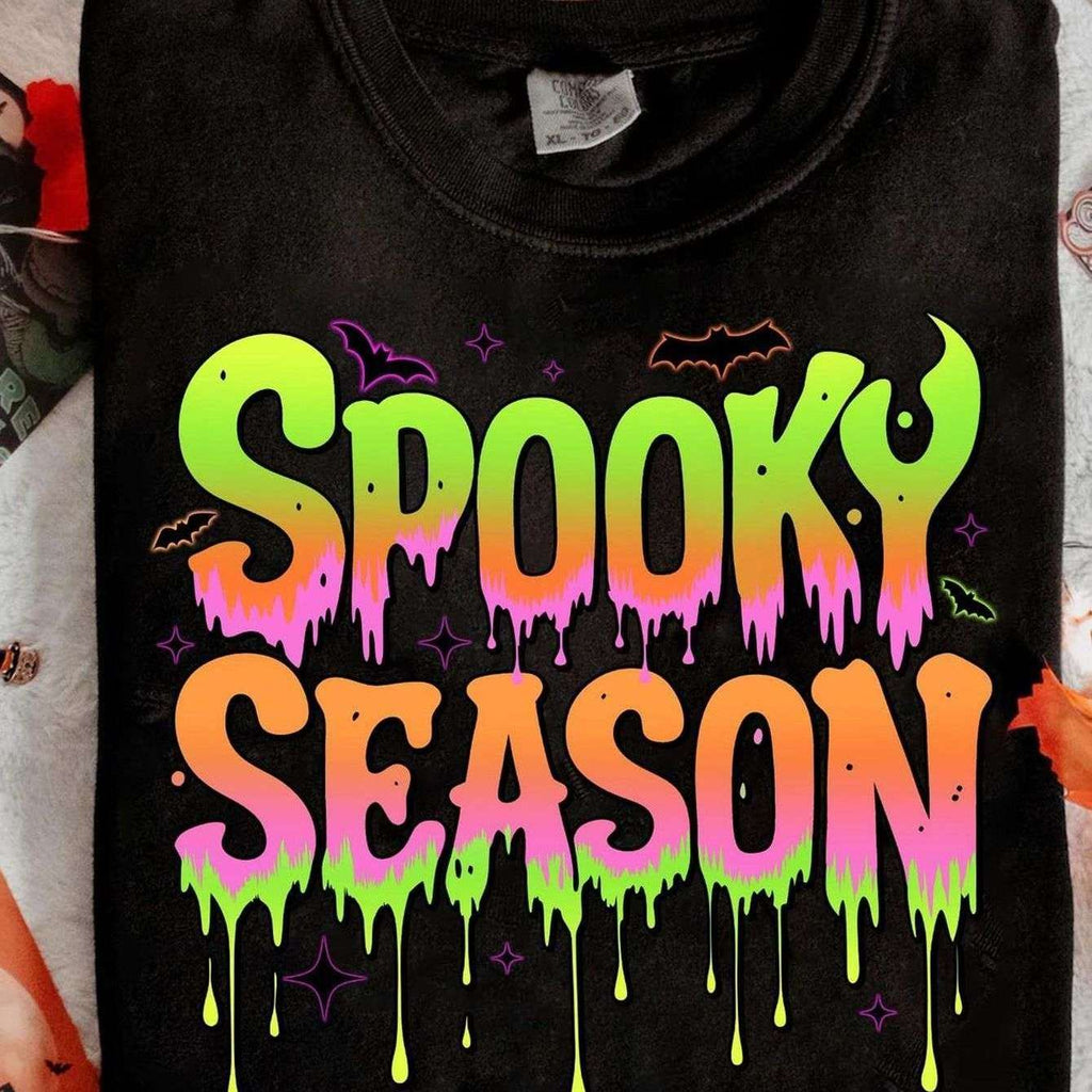 Men'S Halloween Shirts - Neon Glow-In-The-Dark Spooky Season Crew Neck Short Sleeve T-Shirt, Black Tee with Green & Pink Dripping & Bat Print, Casual Party Outfit, Halloween Costume, Comfortable