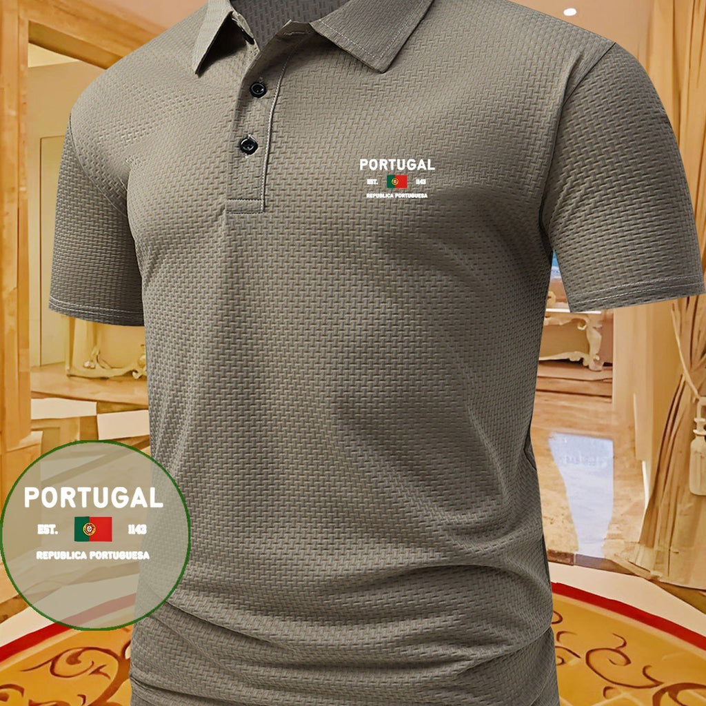 PORTUGAL Letter Pattern Men's Printed Polo Shirt, Short-Sleeve Lightweight Performance T-Shirt, Casual Sporty Style Stretchy Comfortable Plaid Top