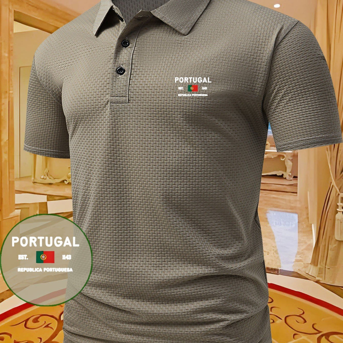 PORTUGAL Letter Pattern Men's Printed Polo Shirt, Short-Sleeve Lightweight Performance T-Shirt, Casual Sporty Style Stretchy Comfortable Plaid Top