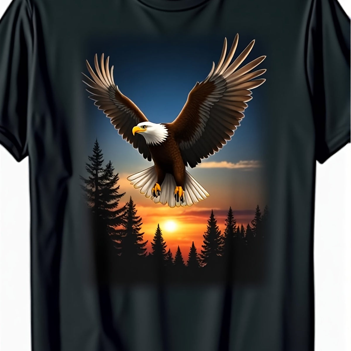 Men's Eagle Pattern TShirt Crew Neck Short Sleeve Stretch Fit Casual Wildlife Design Vivid Sunset Forest Scene Adult Regular Summer TShirt Eagle Decoration Plus SizeSummer T-shirt with Printed Design, Loose Fit, Suitable for Casual Activities.