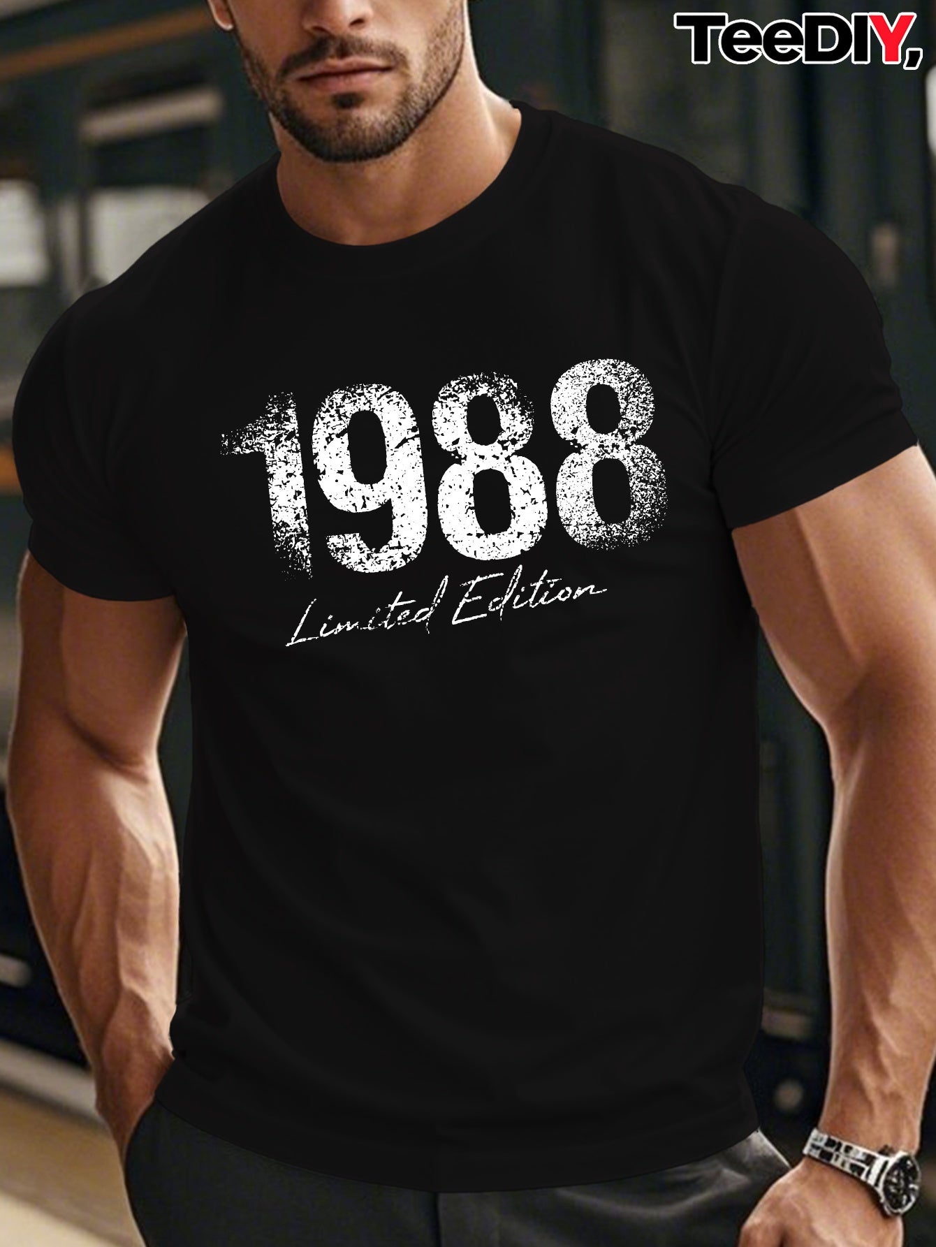 1988 Limited Edition Men's Short Sleeve T-Shirt - 1988 Print Round Neck Casual Summer Top, Limited Edition Numbered 1988 for Casual Attire & Special Events, Machine Washable Fit Male Apparel
