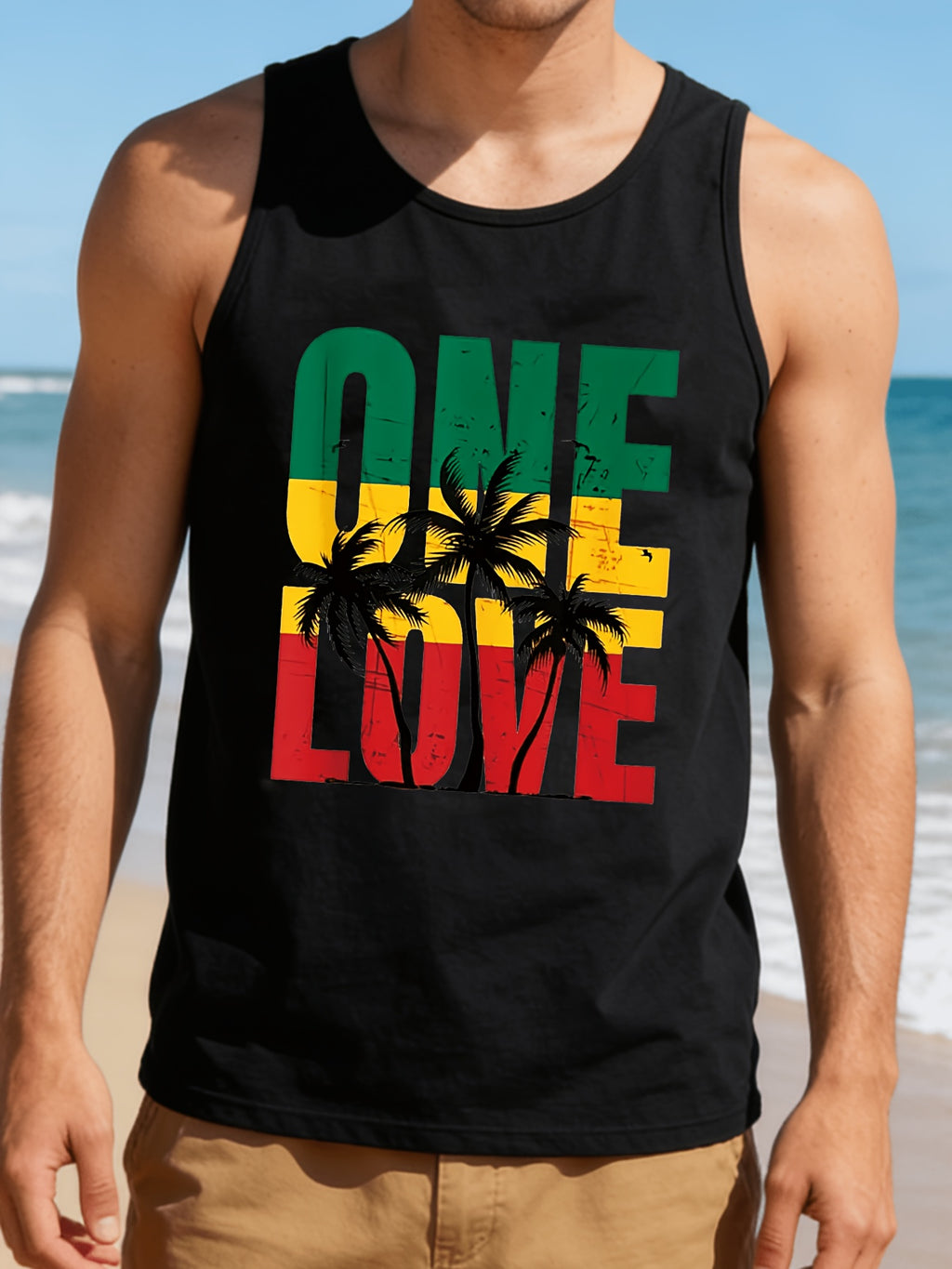 A Men'S Sleeveless Beach Print Round Neck Top, Suitable for Casual Vacations And Sports Workouts, Machine Washable