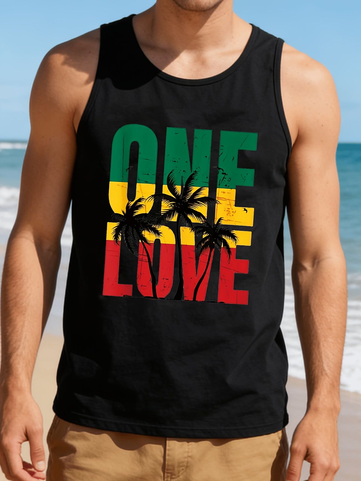 A Men'S Sleeveless Beach Print Round Neck Top, Suitable for Casual Vacations And Sports Workouts, Machine Washable