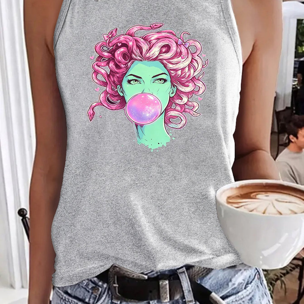 Women's Medusa Bubble Gum Print Graphic Tank Top, Women's Casual Sleeveless Round Neck Vest, Cowboy Cactus Sunflower Streetwear