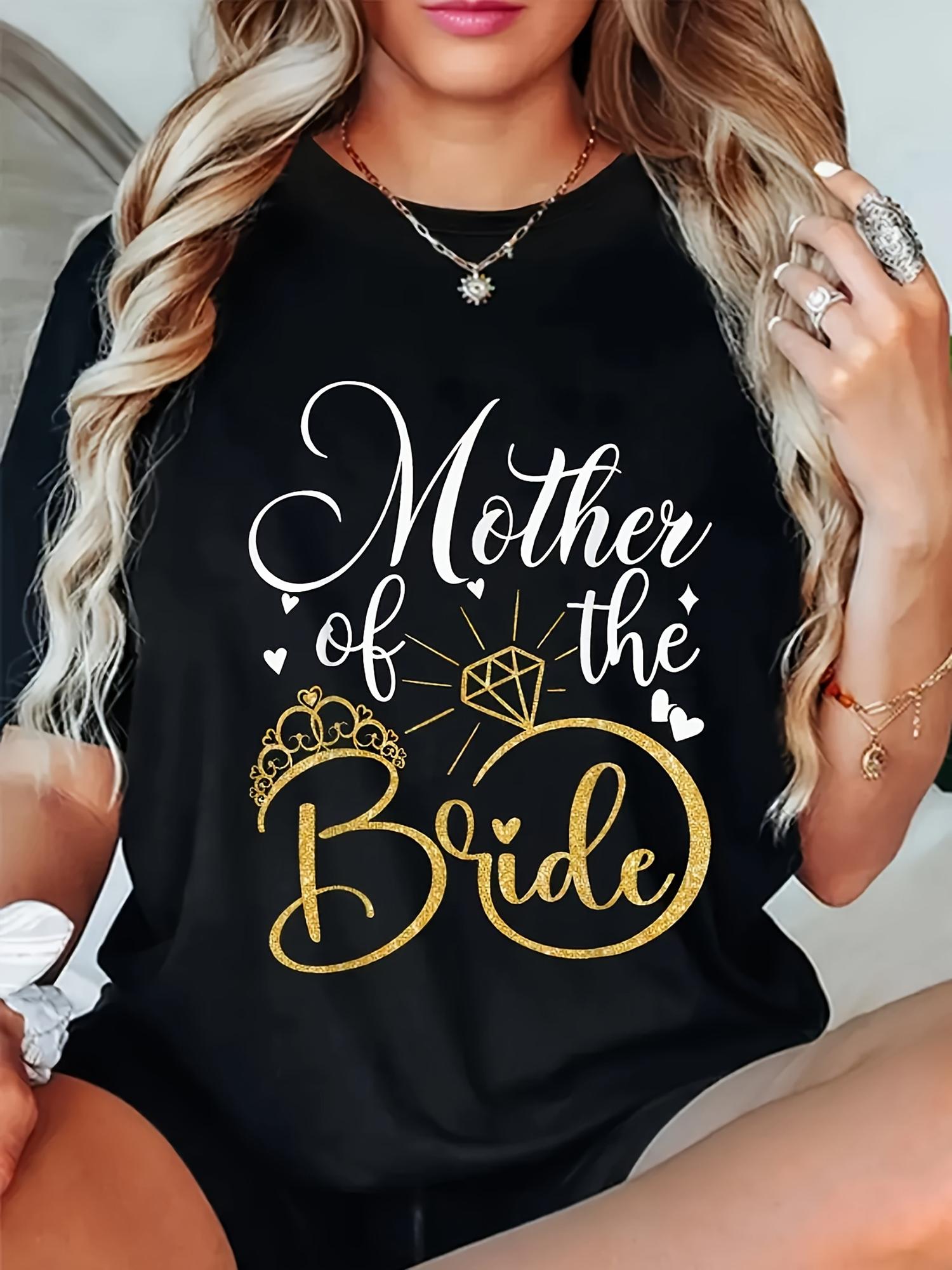Women's Crew Neck T-Shirt for Mother of the Bride Wedding Party - Golden & White Printed 100% Tee - Bridesmaid Shirt - Comfortable Fit Maternity & Bridal Wear - Machine Washable Wedding Attire