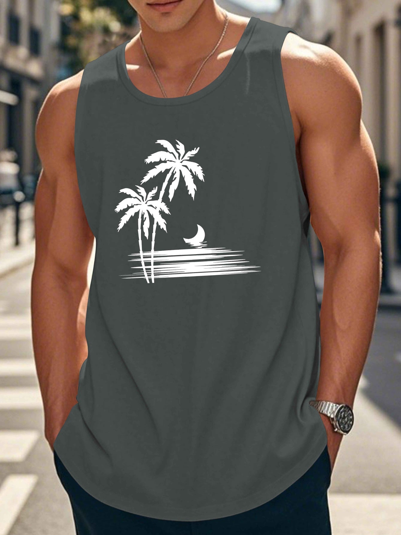 Coconut Tree Moon Men's Casual Summer Vest - Maroon Geometric Palm Tree & Moon Print, Lightweight Breathable Fabric, Regular Fit, Machine Washable, Warm Weather Clothing, Beach Apparel, Tropical Print, Easycare Clothing