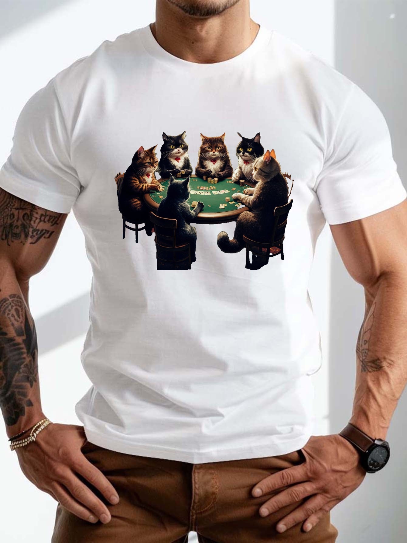 Plus Size Men'S T-Shirt - Playful Anthropomorphic Cats Playing Poker Graphic, Casual Crew Neck, Short Sleeve, Summer Regular Fit Tee, Plus Size Tshirts, PLUS SIZE
