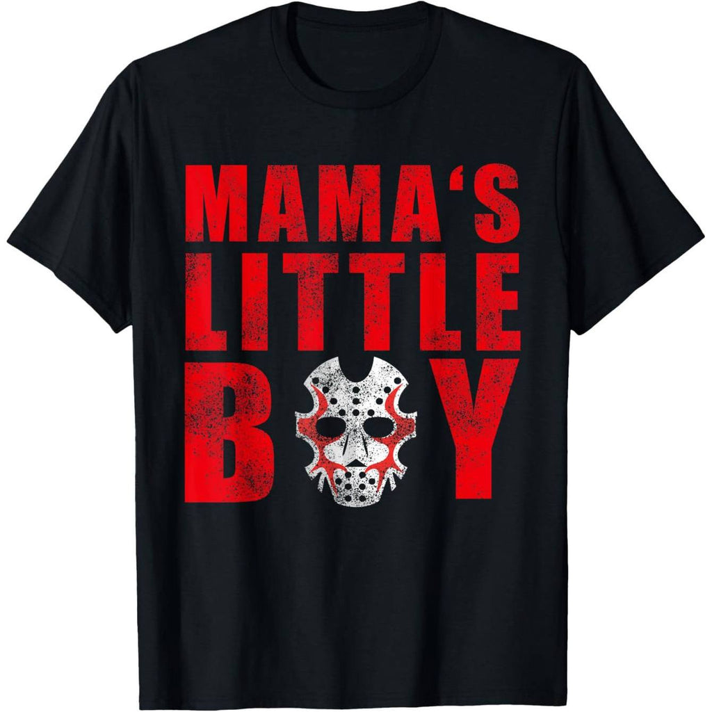 MAMA'S LITTLE BOY T-Shirt - Bold Red Distressed Text with Hockey Mask Detail, Short Sleeve Crew Neck Tee - Trendy Gift for Fans of Horror, Unique Graphic Design for Everyday Wear, Ideal for Birthdays, Holidays, or Casual Outings