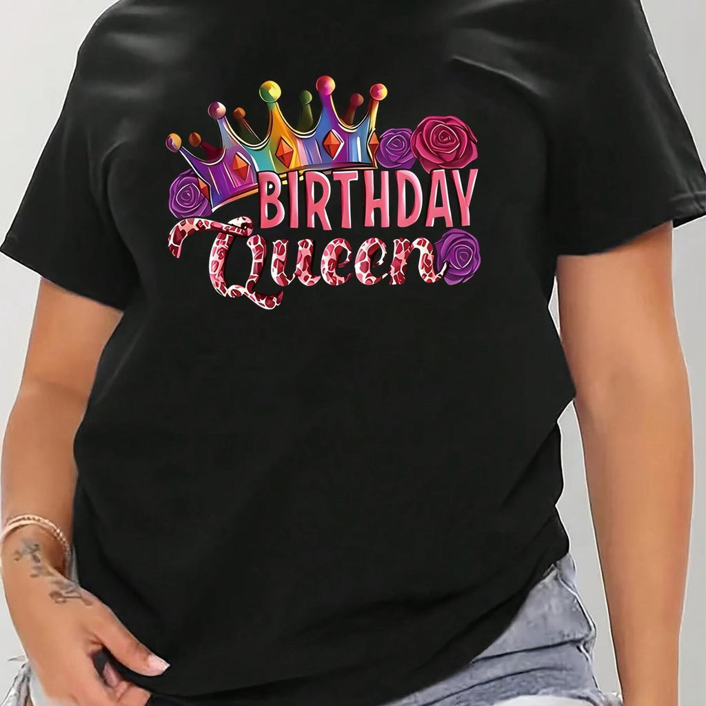 - - Black T-Shirt for Women with Vibrant 'Birthday Queen' Design - Casual Fabric, Short Sleeve Round Neck, Machine Washable