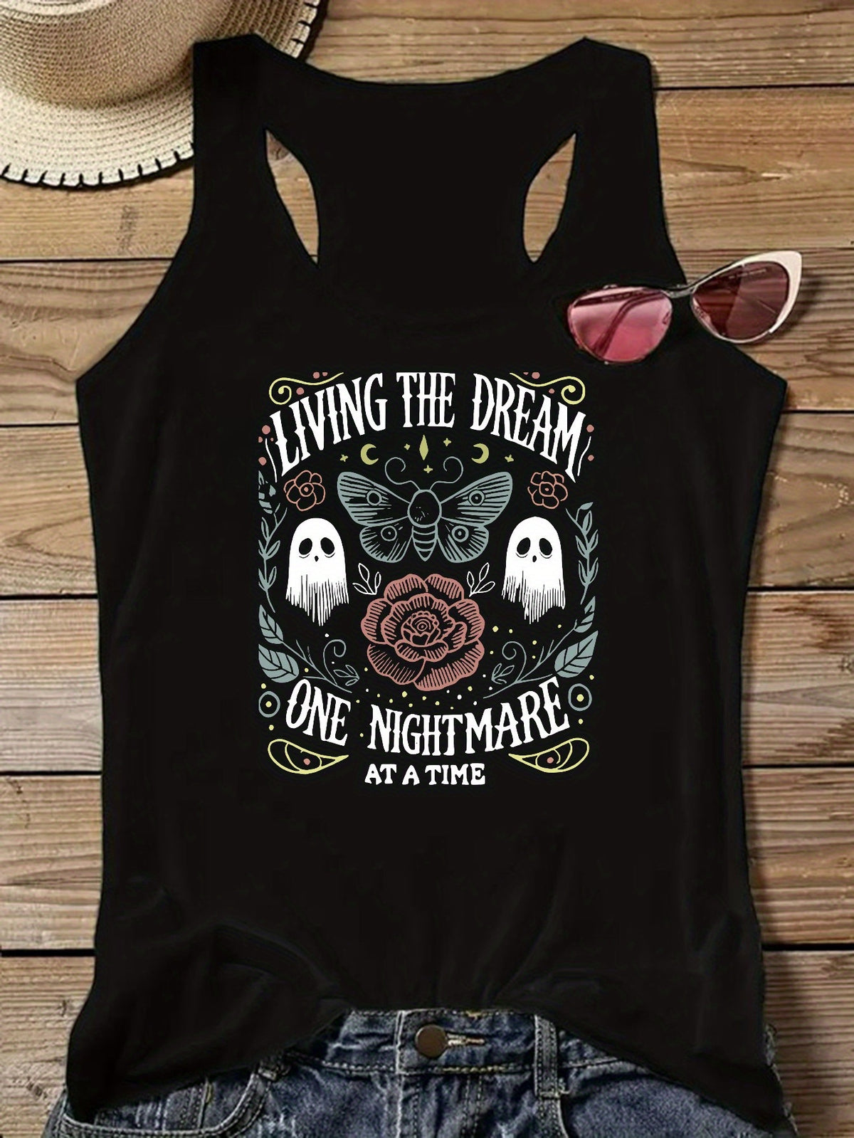 Plus Size - Plus Size - Fun Ghost Rose 'LIVING THE DREAM' Vintage Style Printed Tank Top, Sleeveless Round Neck Plus Size Women'S Vest, Suitable for Spring\u002FSummer, Lightweight Breathable Fabric, Fashion Casual Vest | Elastic Fabric