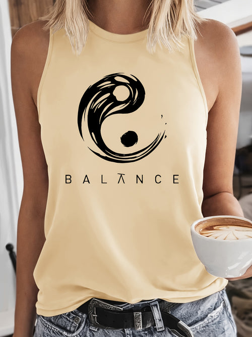 BALANCE Tai Chi Pattern Printed Tank Top | Zen Minimalist Sleeveless Top | Meditation Themed T-Shirt | 2026 Summer New Casual Vacation Style Clothing | Elegant Retro Fashion Loose Sporty Trend Women'S Wear