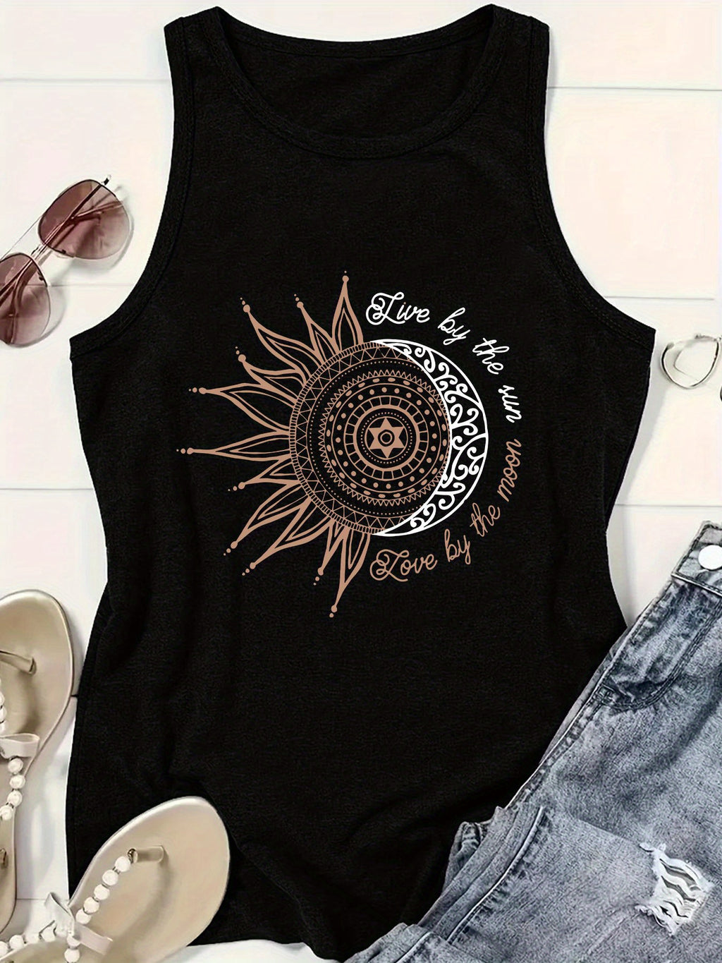 Women's  Cartoon Moon Print Hurdle Vest, Casual Crew Neck Sleeveless, Spring\u002Fsummer, Women's Fashion Vest