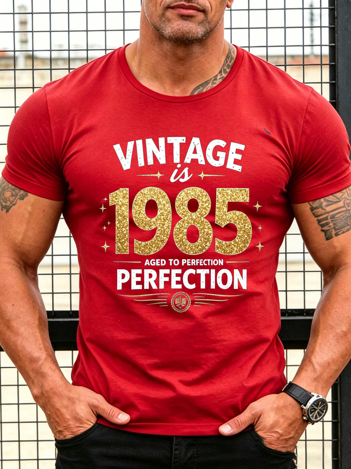 Men's 1985 Vintage T-Shirt with Golden Glitter Number Print - Retro Birth Year Crew Neck Short Sleeve Casual Top, Suitable for - Wear & Nostalgic Gift for 1985 Birth Year Celebration